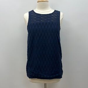 J. Crew Geometric Embroidered Eyelet Sleeveless Woven Blouse Navy 4 Tall